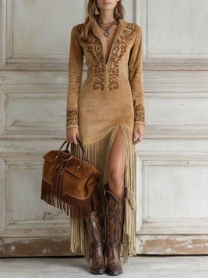 Grace - Embroidered Faux Suede Maxi Dress