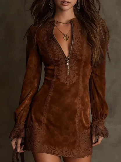 Elena - Embroidered Suede Mini Dress