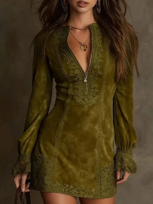 Elena - Embroidered Suede Mini Dress