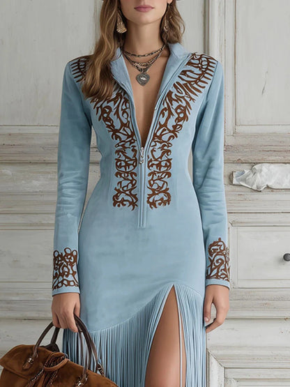 Grace - Embroidered Faux Suede Maxi Dress