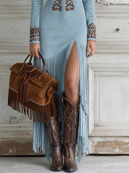 Grace - Embroidered Faux Suede Maxi Dress